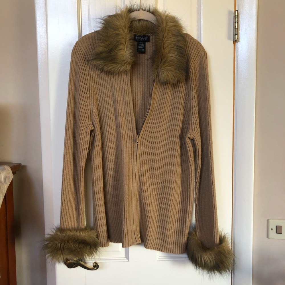 Camel Ribbed Zip Cardigan with Faux Fur Trim